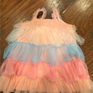 SHEIN Pastel Layered Tulle Dress colors are peach , pink and blue